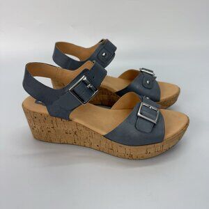 Korks by Kork‑Ease Blue Leather Buckle Wedge Sandals Womens Size 7 Comfort Style